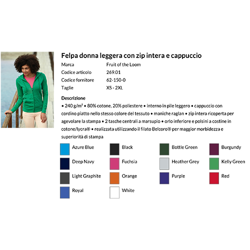 Felpa Donna Leggera con Zip e Cappuccio Fruit of the Loom 