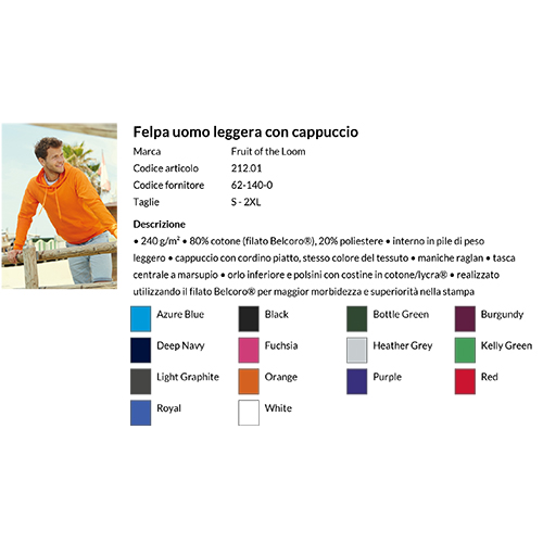 Felpa Uomo Leggera con Cappuccio Fruit of the Loom 