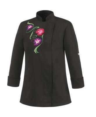Giacca cuoco donna Black Flowers Ego Chef, monopetto, slim fit